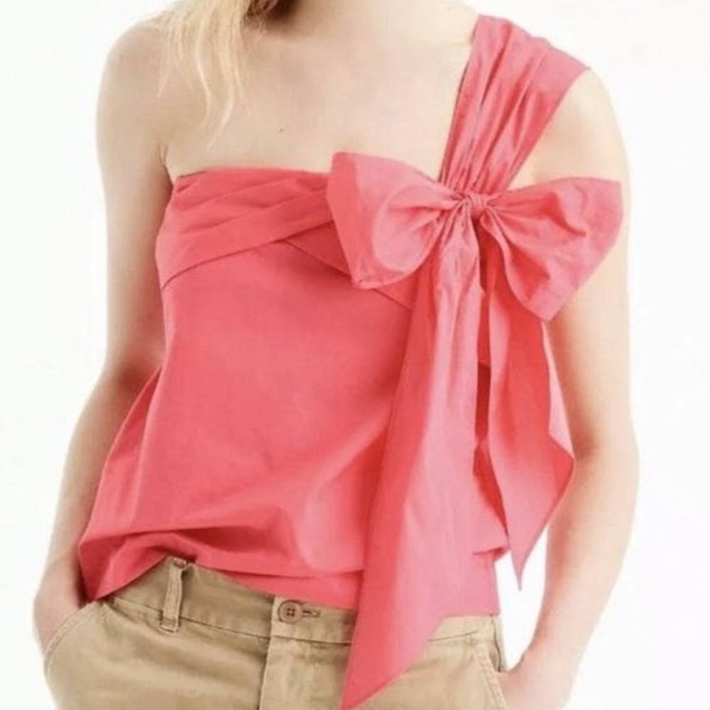 - J. Crew NWT Peach Cotton Bow One Shoulder Blouse